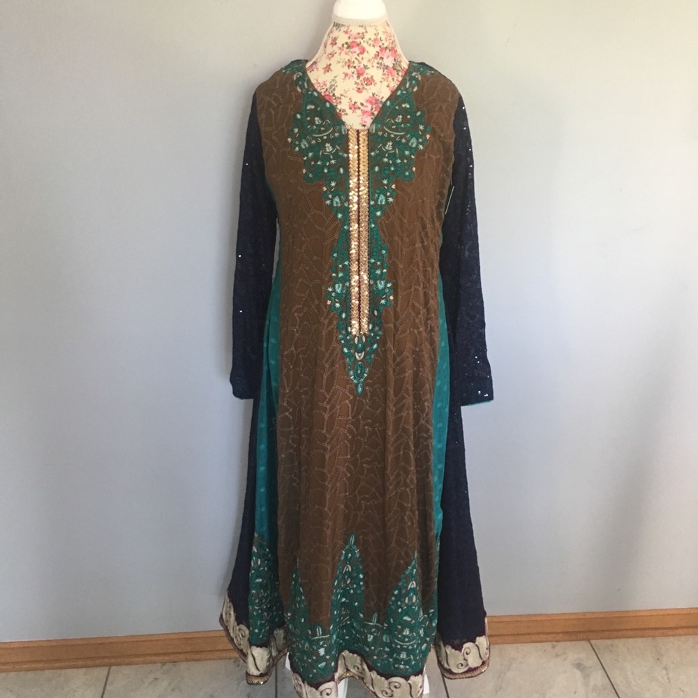 Pakistani Indian Brown Teal Shalwar Kameez dress